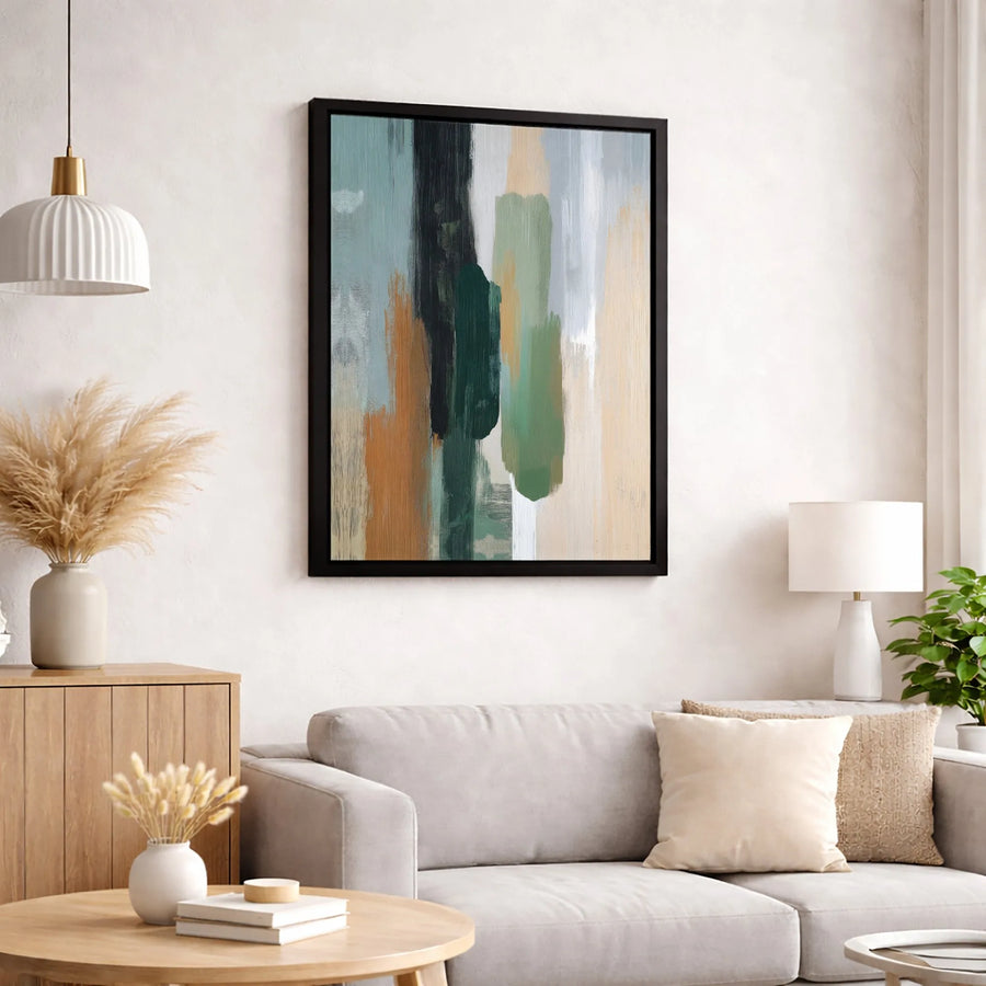 Abstract Canvas Wall Art | Vertical Brush Strokes Modern Decor | 1.25 Inch Gallery Wrap | Neutral Green Orange Office Statement Print