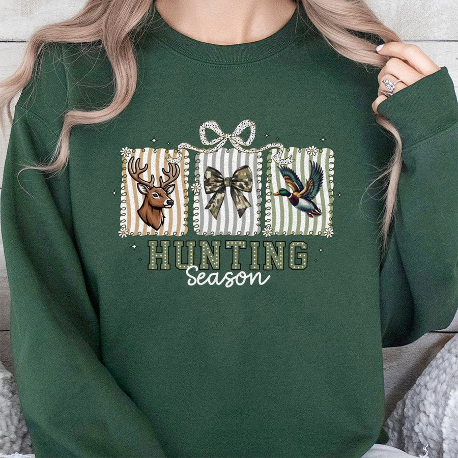 Hunting Season Sweatshirt | Preppy Deer and Duck Camo Bow Graphic | Premium Cotton Blend | Fall Outdoor Lover Gift for Women