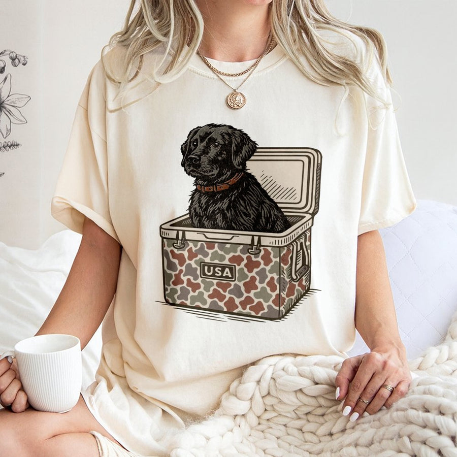 Black Labrador Dog T-Shirt | Hunting Cooler USA Camo Graphic | Premium 100% Cotton | Gift for Dog Dad and Outdoor Enthusiast