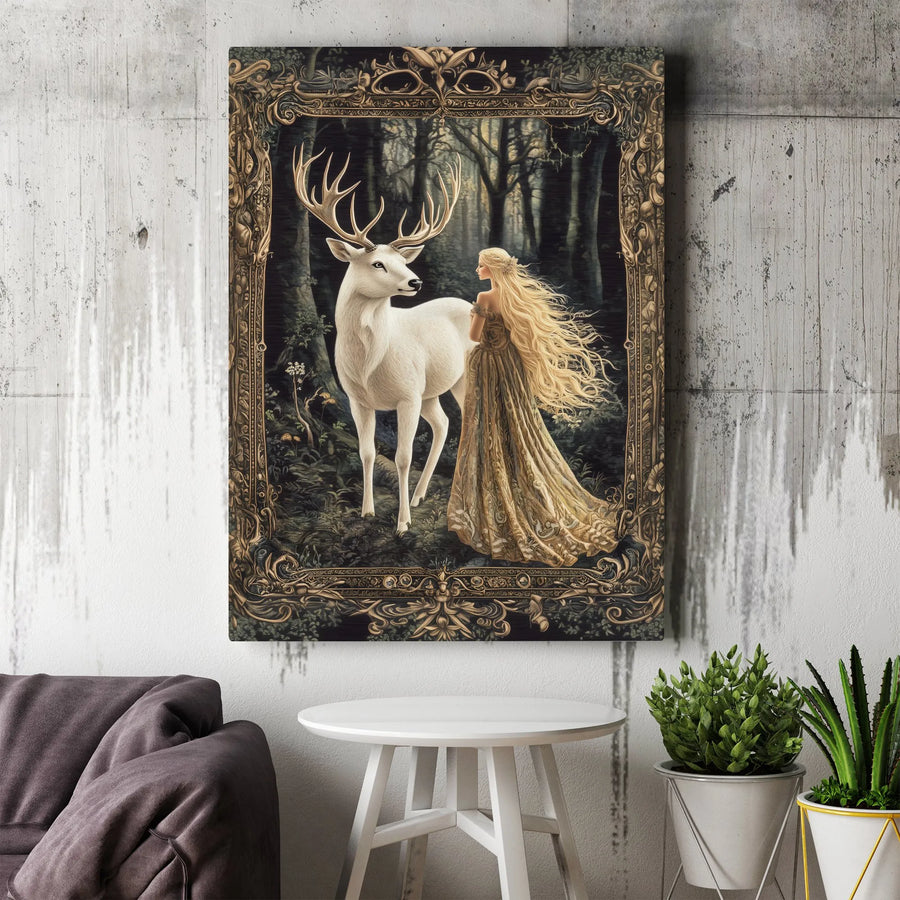 Enchanted Forest Canvas Wall Art | Fantasy Princess and White Stag | Premium Gallery Wrap Print | Whimsical Home Decor Gift