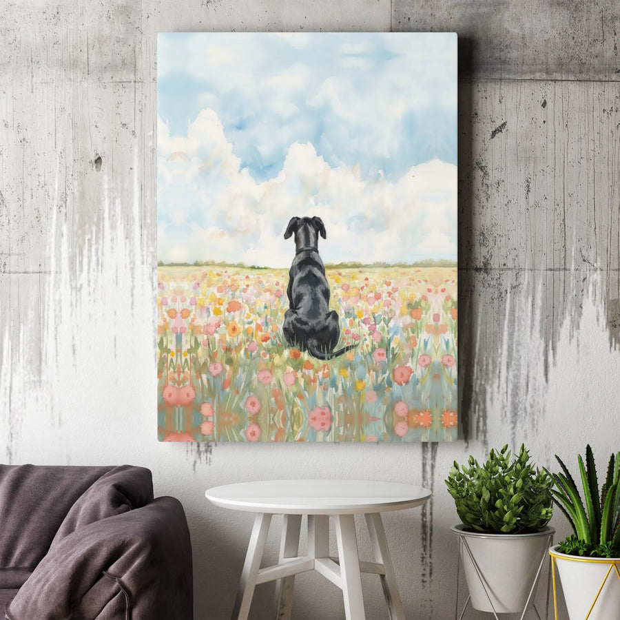 Black Dog Canvas Art | Watercolor Wildflower Field Print | Premium 1.25" Gallery Wrap | Gift for Dog Lovers & Home Decor