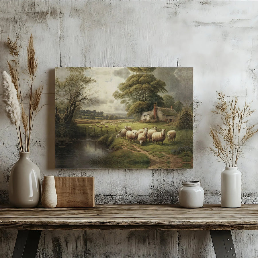 Pastoral Landscape Canvas Print | Sheep In Countryside Farmhouse Wall Art | Premium Gallery Wrap Decor | Farmhouse Living Room Gift