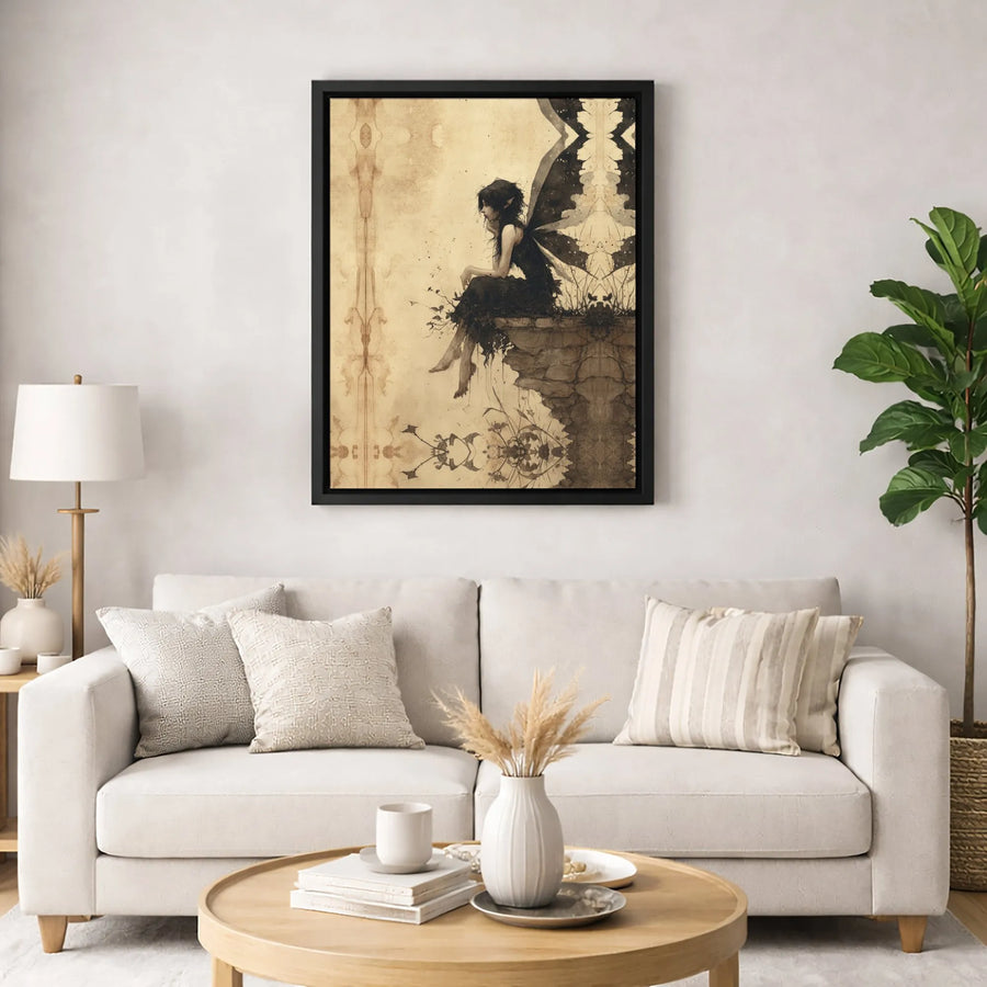 Gothic Fairy Wall Art | Dark Fantasy Winged Muse on Cliff | Vintage Aesthetic Gallery Canvas | Moody Home Decor Gift for Her