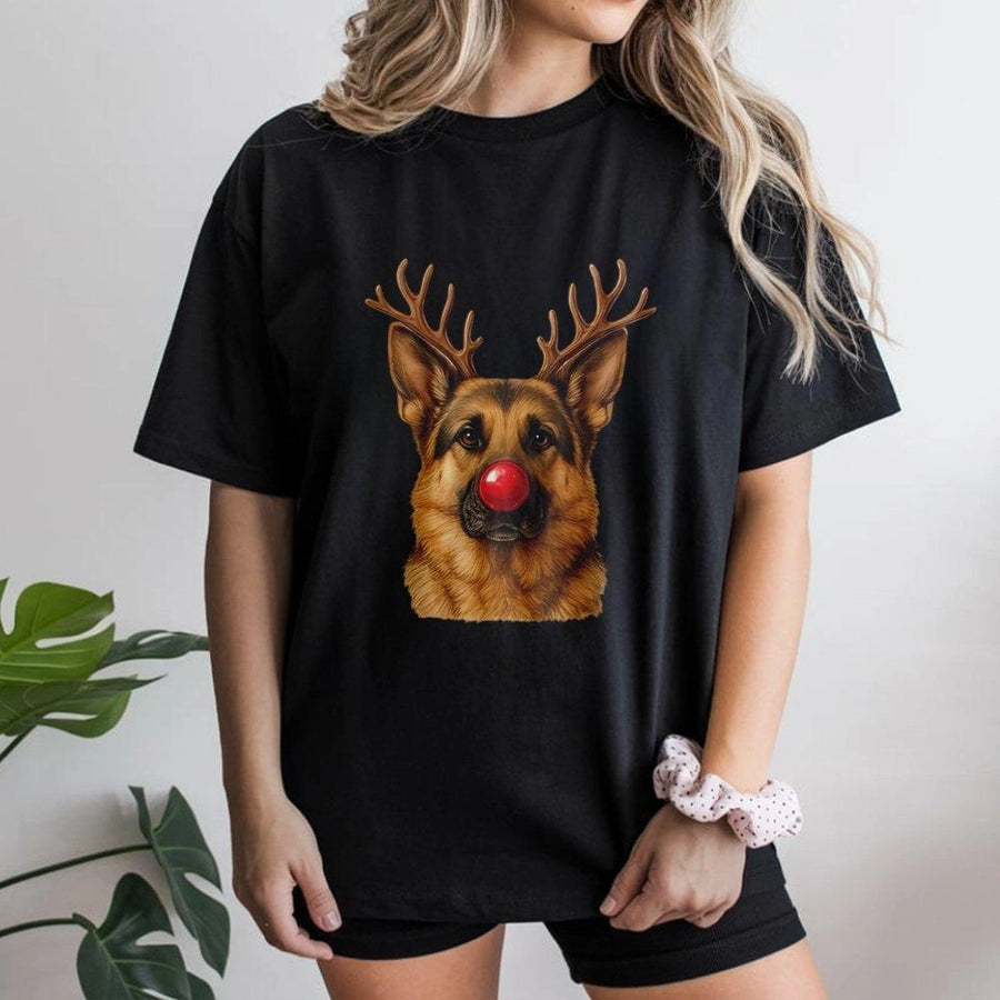 German Shepherd Christmas T-Shirt | Reindeer Antlers & Red Nose Graphic | Premium Soft Cotton | Funny Holiday Dog Lover Gift for Men & Women