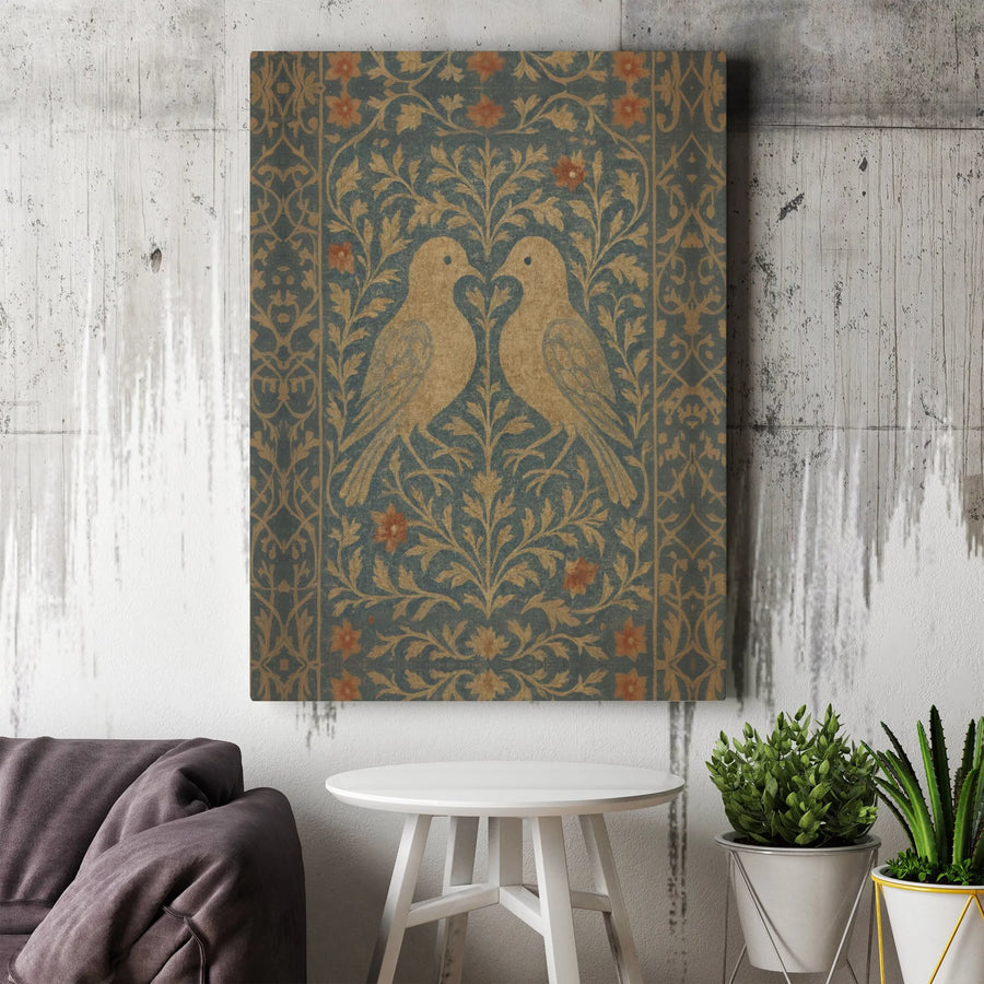 William Morris Style Bird Canvas Wall Art | Symmetrical Floral Botanical Print | Premium Fade-Resistant Gallery Wrap | Home Decor Gift for Nature Lovers