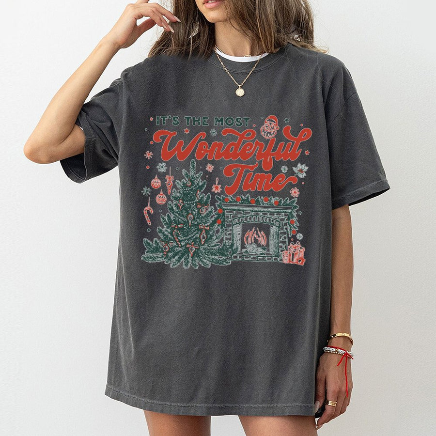 It's The Most Wonderful Time Christmas T-Shirt | Retro Festive Fireplace Graphic | Premium 100% Cotton | Cozy Holiday Gift for Family