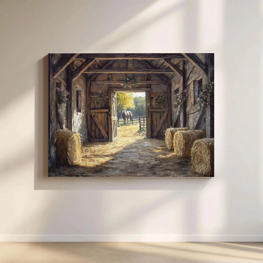 Rustic Barn Scene Horizontal Canvas | Country Farmhouse Horse Wall Art | Premium Fade-Resistant Gallery Wrap Print | Warm Vintage Cottage Decor Gift