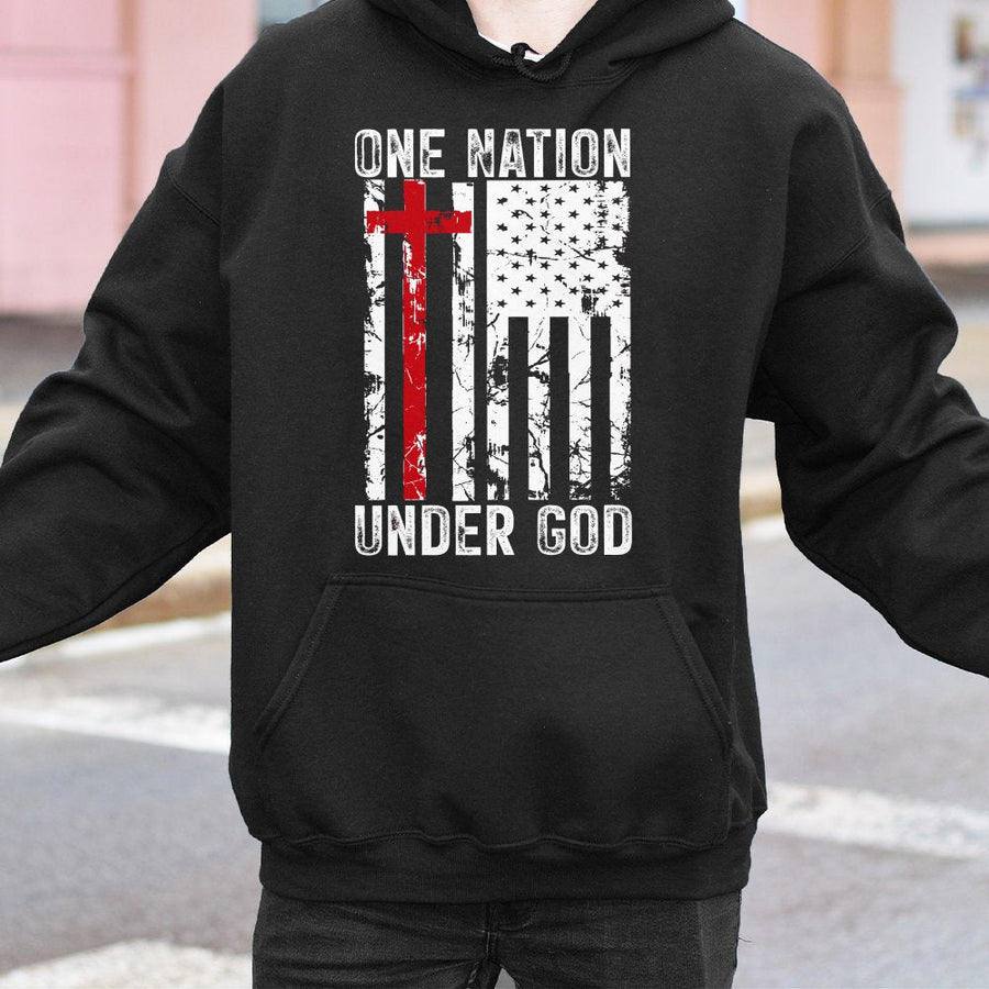 One Nation Under God Hoodie | Patriotic American Flag Cross Graphic | Premium Cotton Blend | Faith-Based Apparel Gift for Men and Women
