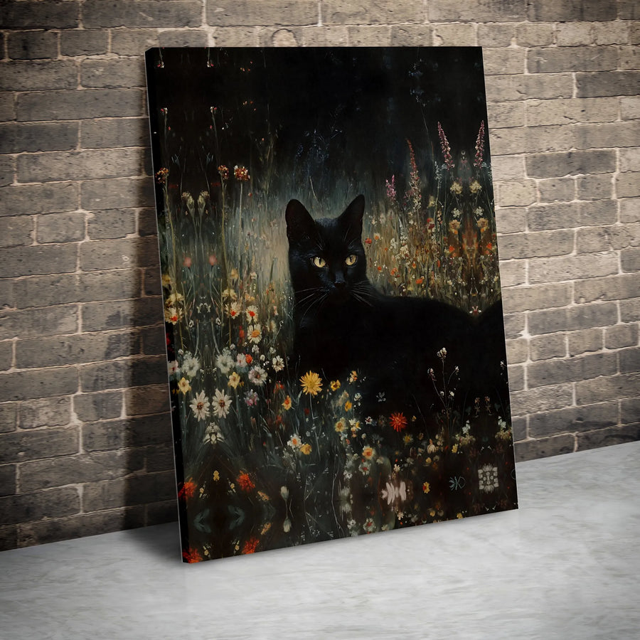 Black Cat Wall Art | Moody Floral Wildflower Painting | Premium Gallery Canvas | Witchy Home Decor Gift