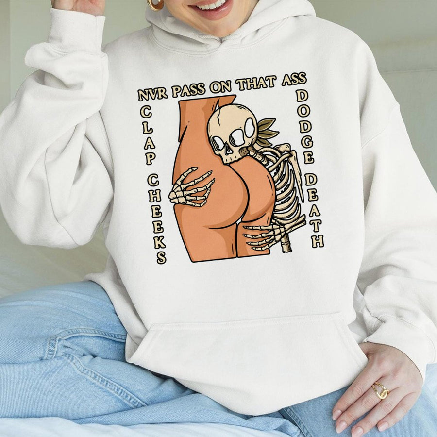 Clap Cheeks Dodge Death Hoodie | Funny Skeleton Graphic Sweatshirt | Premium Cotton-Blend | Naughty Streetwear Gift For Men And Women