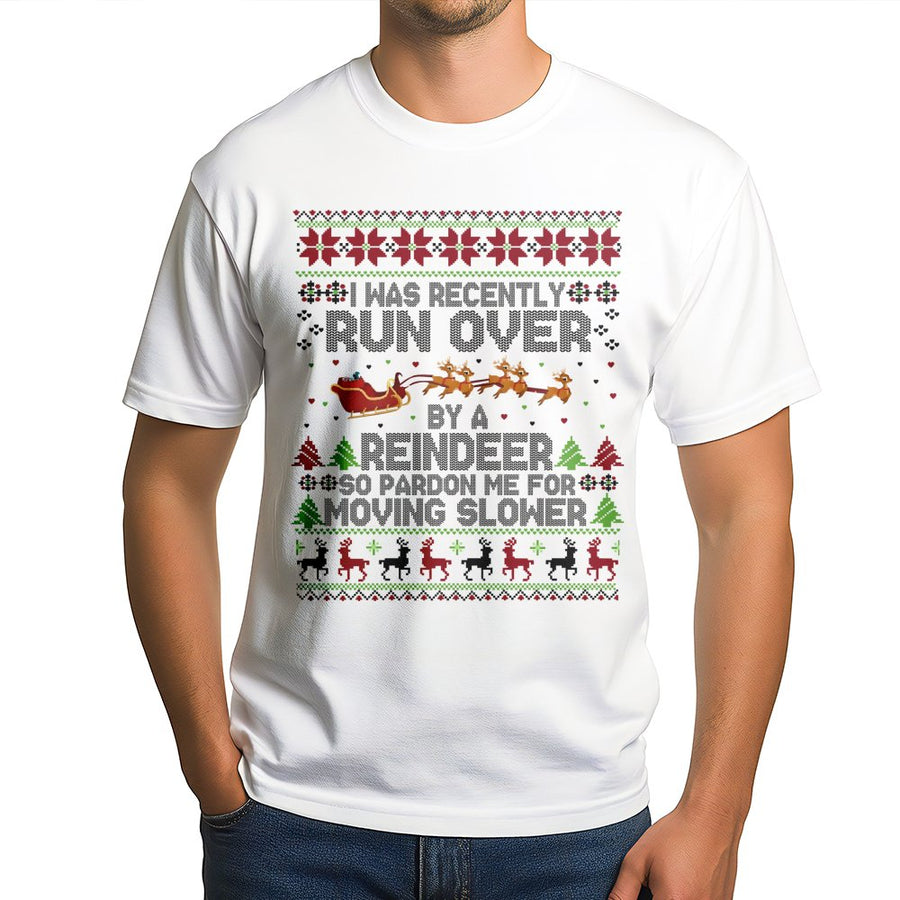 Run Over By A Reindeer T-Shirt | Funny Ugly Christmas Sweater Print | Premium Soft Cotton Tee | Humorous Holiday Gift for Men and Women