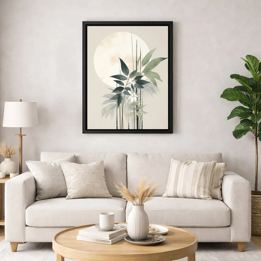 Japandi Wall Art | Bamboo Leaves and Full Moon Print | Gallery Quality 1.25-Inch Canvas | Modern Minimalist Home Decor Gift