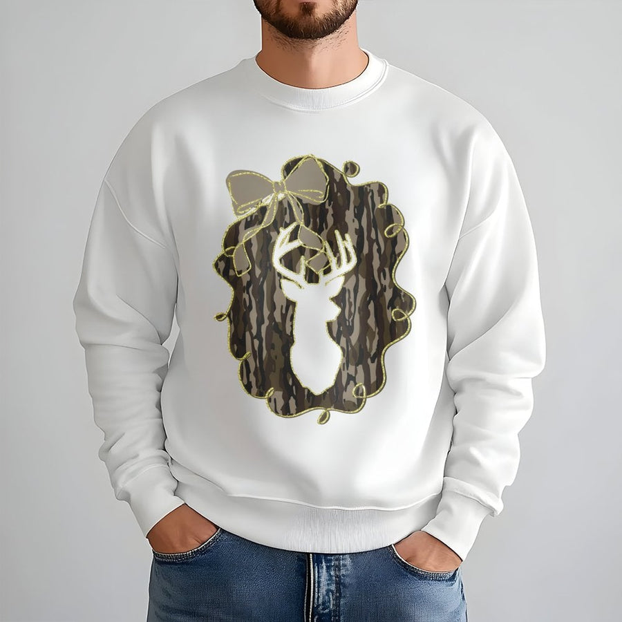 Deer Camo Bow Sweatshirt | Preppy Coquette Aesthetic Graphic | Soft Cotton Blend | Fall Hunting Gift for Her