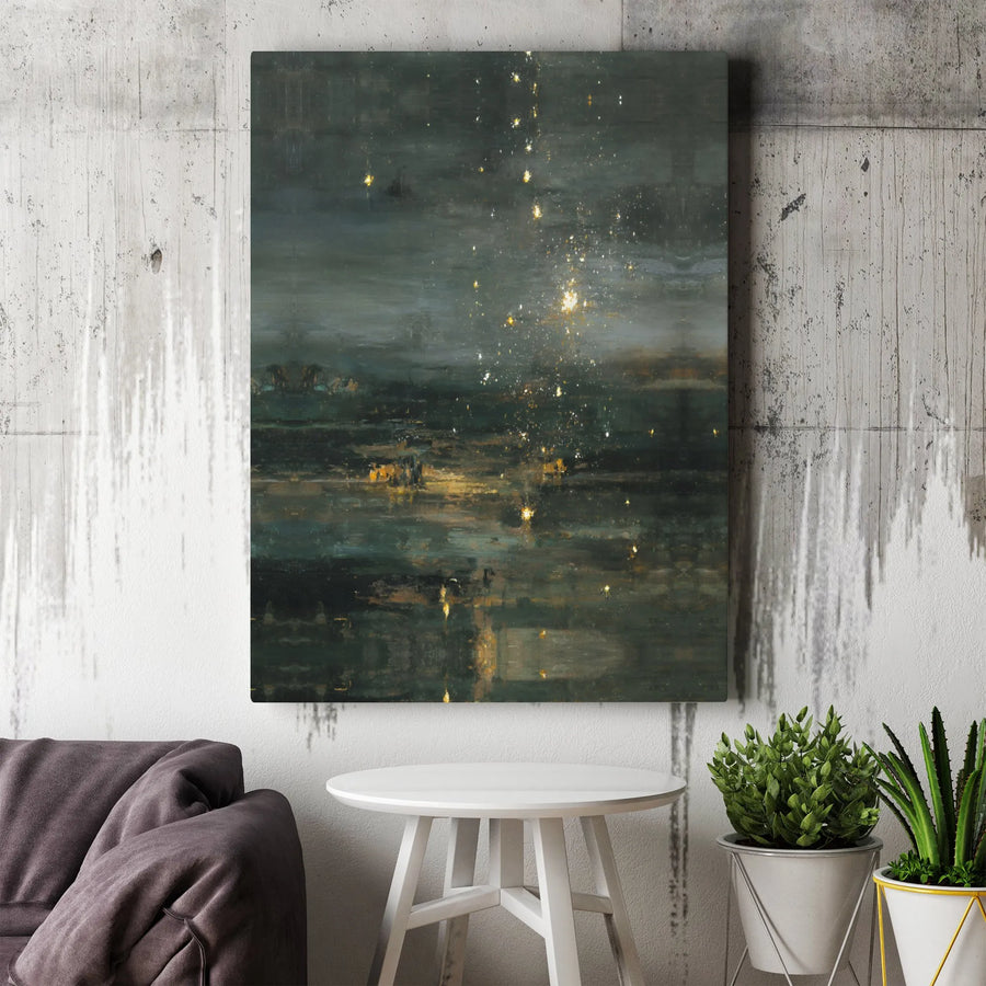 Abstract Night Sky Canvas Wall Art | Dark Moody Gold Sparkle Print | 1.25 Inch Gallery Wrap | Modern Home Decor Gift for Art Lovers