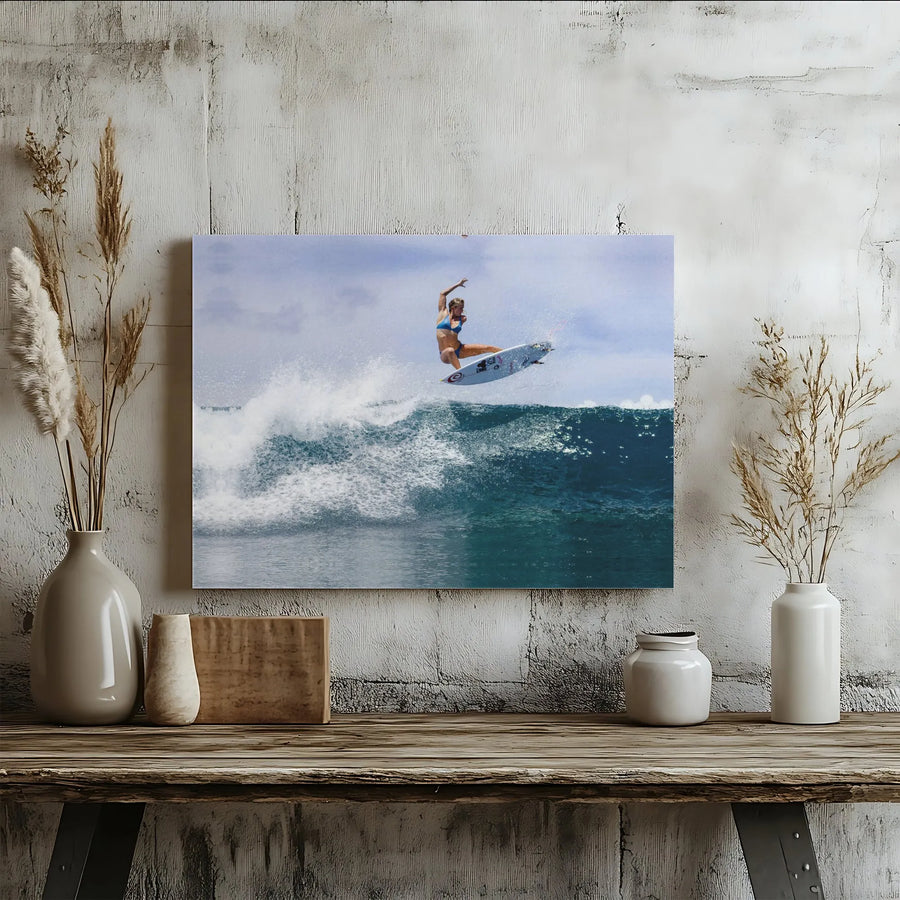 Female Surfer Canvas Wall Art | Action Extreme Sports Wave Photography | Premium 1.25-inch Gallery Wrap | Gift for Ocean and Surf Lovers