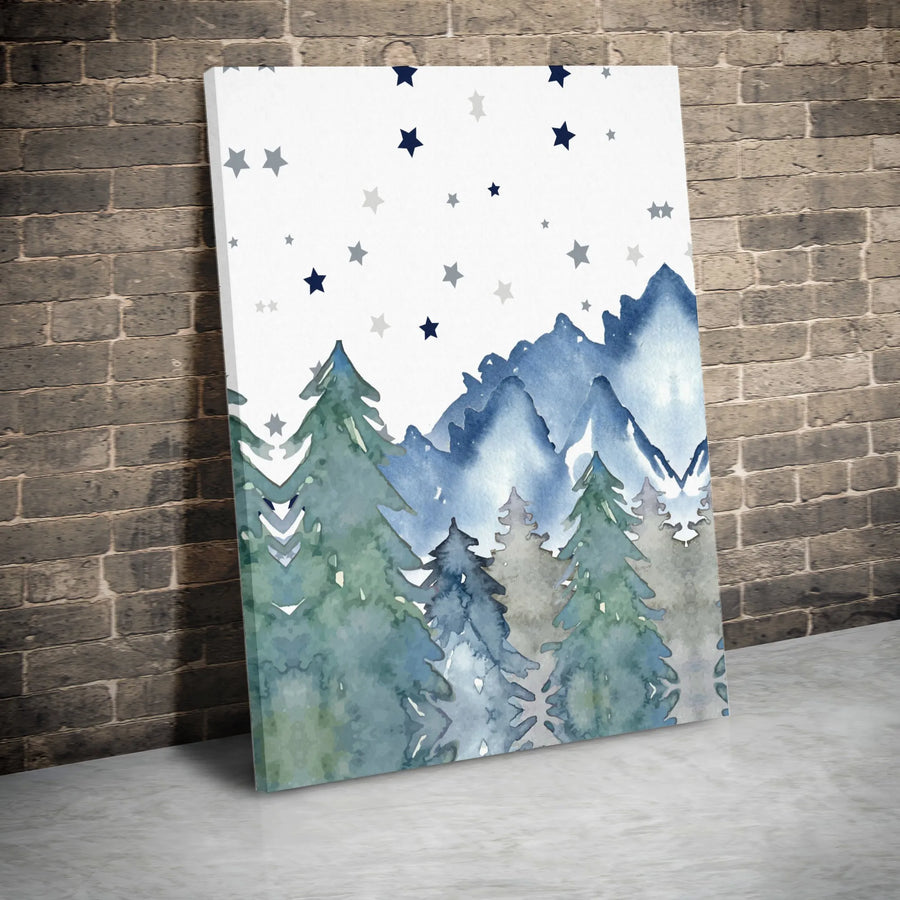 Mountain Forest Canvas Wall Art | Watercolor Pine Tree & Starry Night Sky Print | Premium Gallery Wrap | Nursery & Kids Room Decor Gift