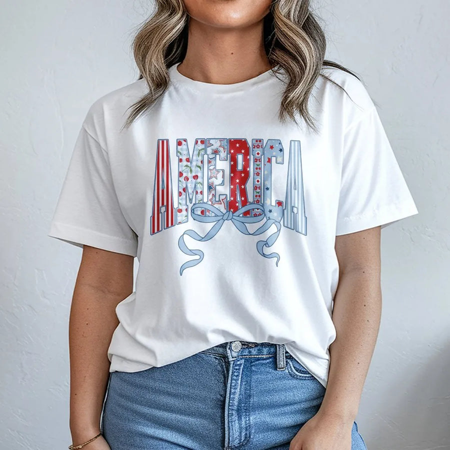 Coquette America T-Shirt | Retro USA Flag Bow Graphic | Soft Cotton Blend Sweatshirt | Patriotic 4th of July Gift for Women