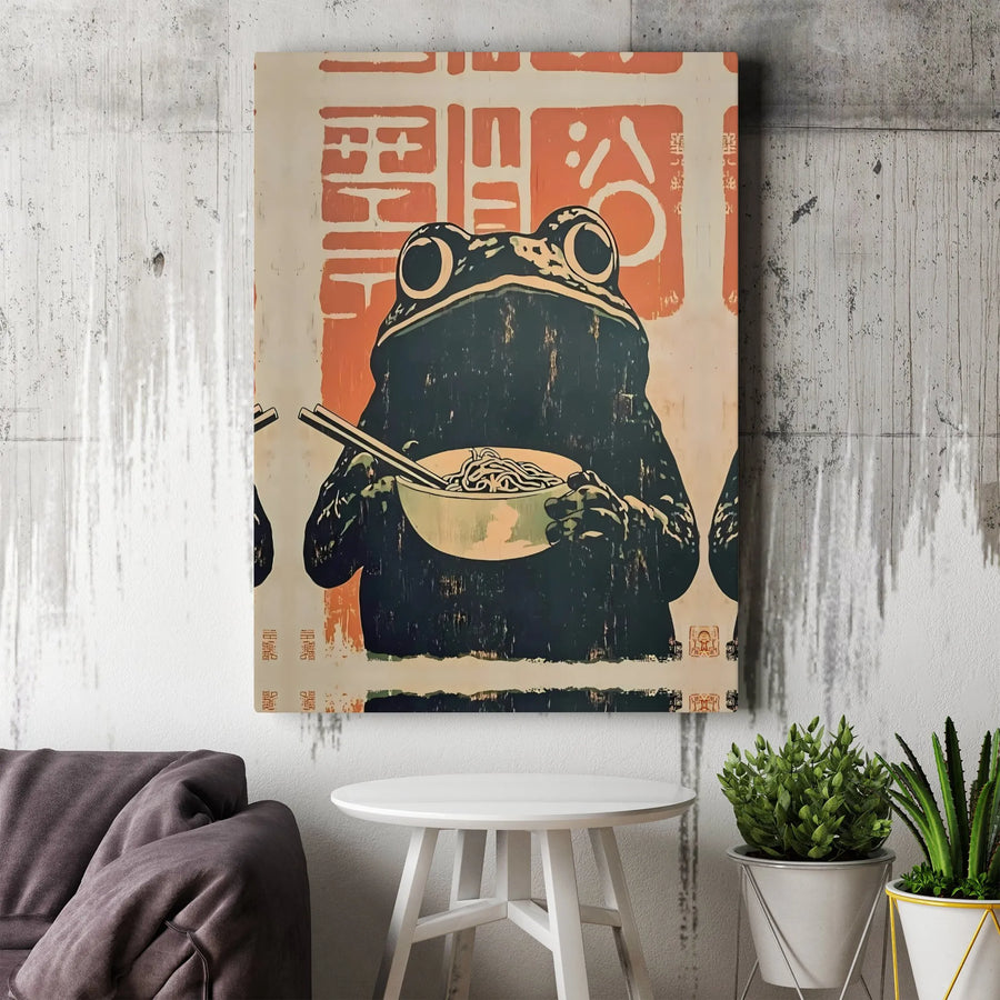Japanese Ramen Frog Wall Art | Ukiyo-E Style Animal Print | Premium Fade-Resistant Canvas | Unique Kitchen Decor Gift for Foodies