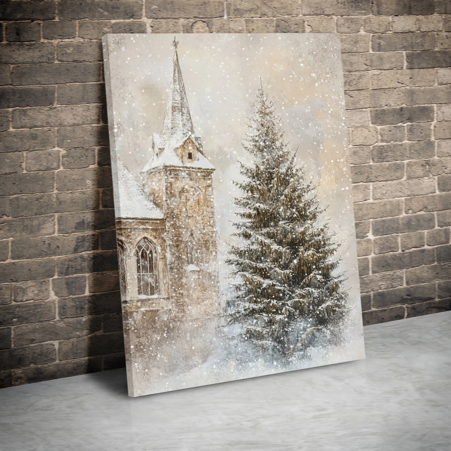 Winter Church Canvas Art | Snowy Christmas Tree Landscape Painting | Premium Gallery Wrapped Decor | Holiday Wall Decor Gift for Home