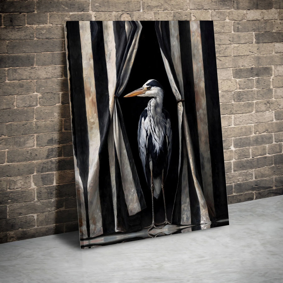 Dramatic Heron Canvas Wall Art | Surreal Bird Painting with Striped Curtains | Premium Gallery Quality Print | Unique Home Decor Collector's Gift
