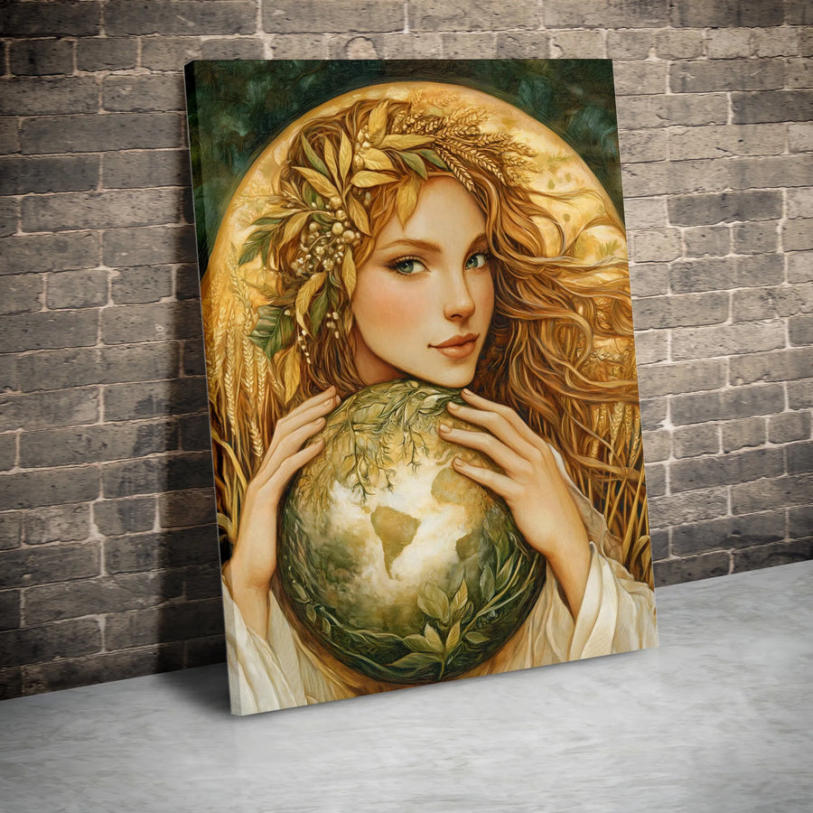 Mother Earth Wall Art | Goddess Holding Globe with Wheat Crown | Premium Gallery Canvas | Nature Lover Spiritual Home Decor Gift
