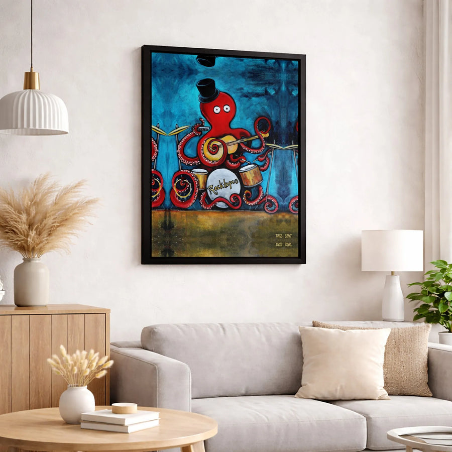 Rocktopus Wall Art | Octopus One Man Band Painting | Premium Gallery Wrap Canvas Print | Quirky Music Room Decor Gift for Musician