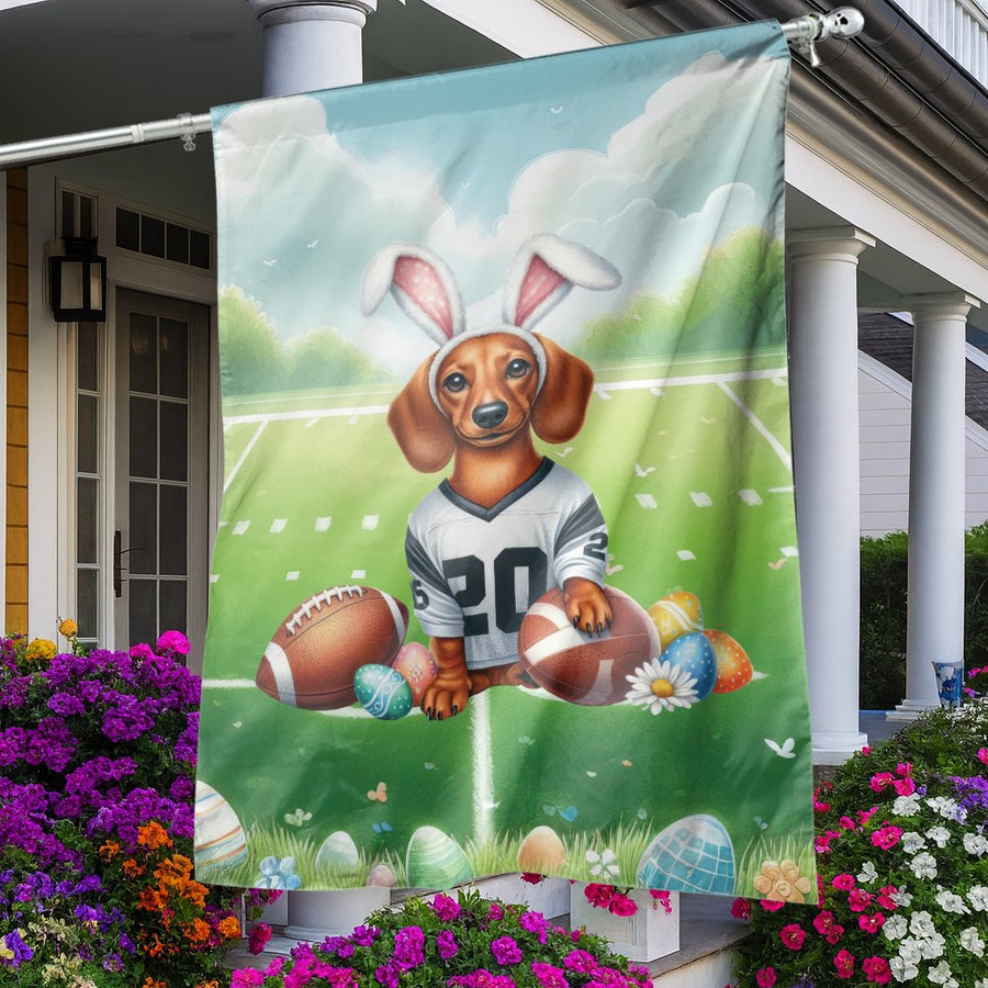 Dachshund Easter Garden Flag | Football Dog With Bunny Ears | Premium Polyester Double-Sided Garden Decor | Seasonal Gift For Dog Lovers