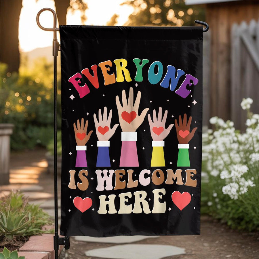 Everyone Is Welcome Here Garden Flag | Colorful Diversity Inclusion Yard Decor | Premium Weather-Resistant Polyester | Outdoor Welcome Sign Gift