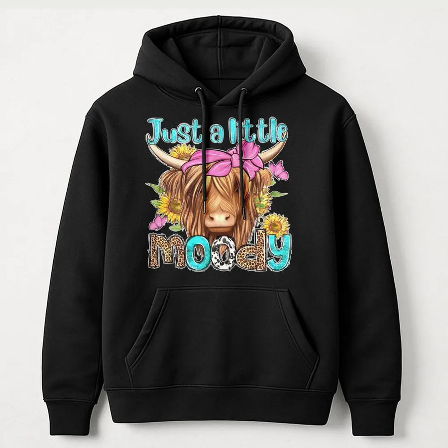 Just A Little Moody Highland Cow Hoodie | Floral Leopard Farmhouse Graphic | Premium Cotton Blend | Funny Country Western Gift For Her