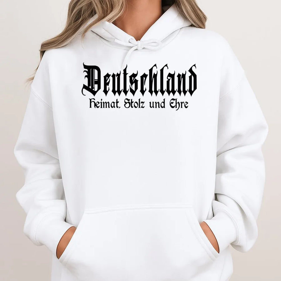 Deutschland Hoodie | Heimat Stolz und Ehre Gothic Text Design | Soft Cotton-Blend Premium Pullover | Patriotic German Heritage Gift for Men and Women