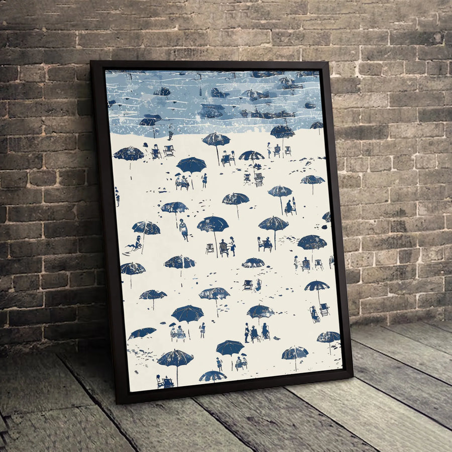 Coastal Beach Scene Canvas Art | Blue and White Summer Umbrella Print | Gallery Quality 1.25-inch Profile | Nautical Decor for Beach House Living Room