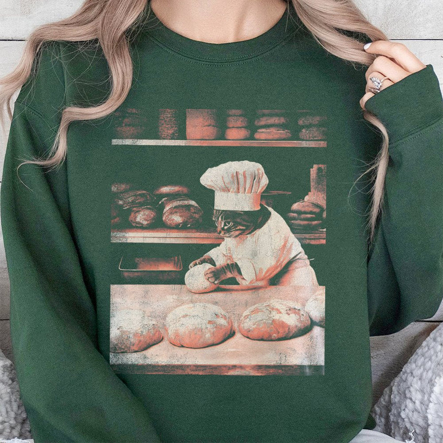 Baker Cat Sweatshirt | Funny Chef Kitten Kneading Dough Graphic | Premium Cotton Blend Crewneck | Cute Foodie Gift for Cat Lovers
