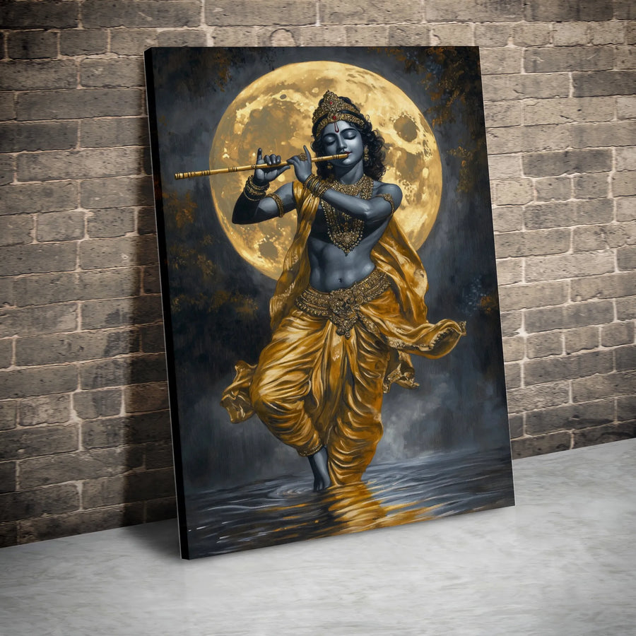 Lord Krishna Wall Art | Divine Flute Player Under Full Moon | Premium Gallery-Wrapped Canvas Print | Spiritual Home Decor Gift