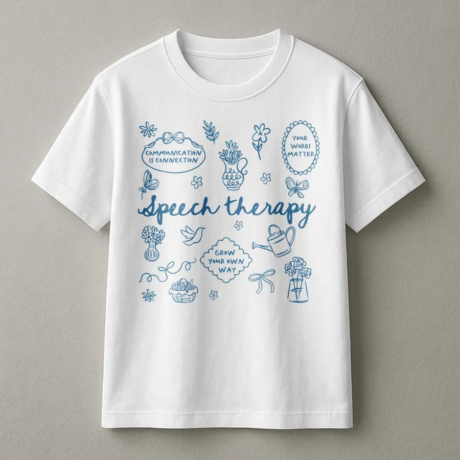 Speech Therapy T-Shirt | Floral Doodle Art Graphic Tee | Soft 100% Cotton | Gift for Speech Language Pathologist SLP