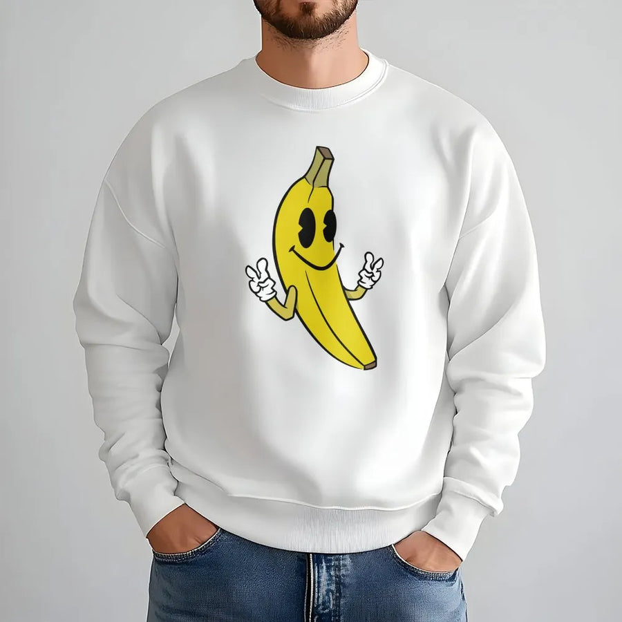 Retro Banana Sweatshirt | Cartoon Fruit Graphic Peace Sign | Premium Cotton Blend | Funny Streetwear Gift for Women & Men