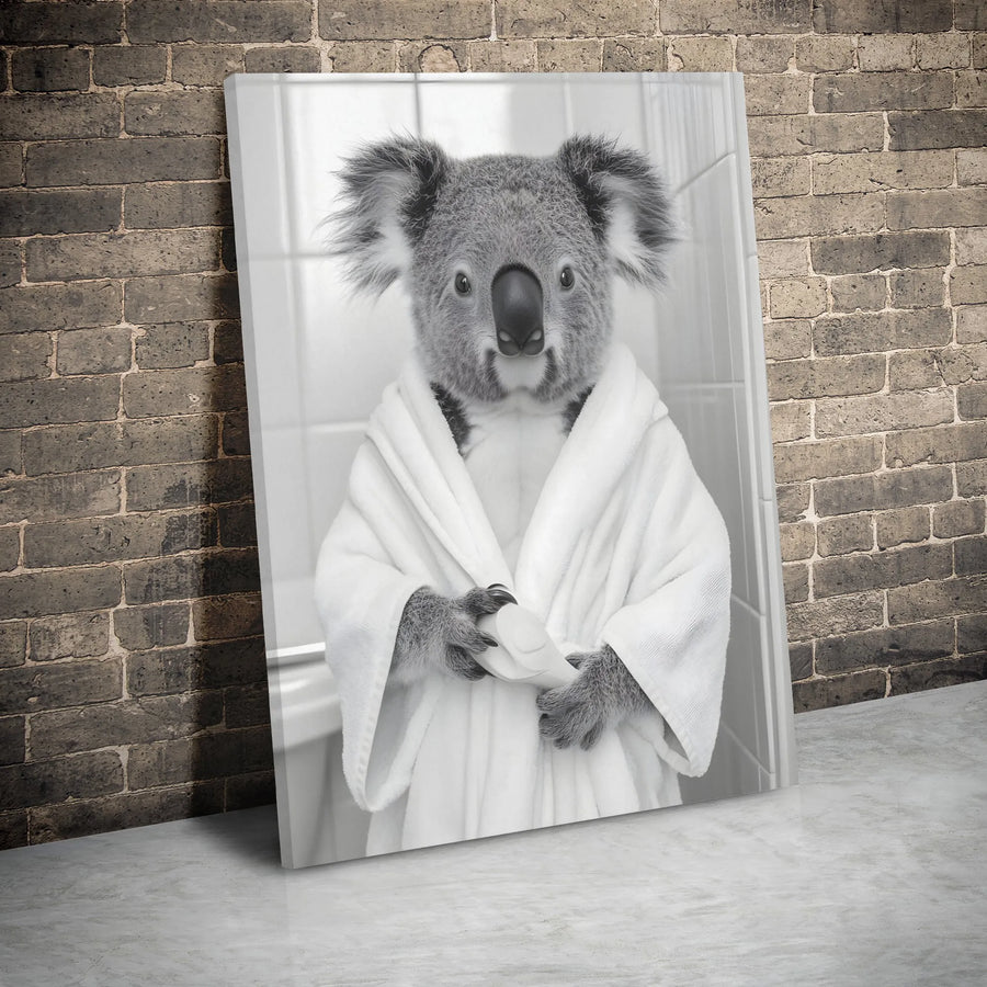 Koala In Bathrobe Wall Art | Whimsical Bathroom Animal Portrait | Premium Gallery Wrapped Canvas | Funny Home Decor Gift