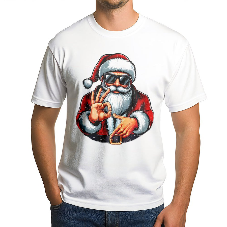 Cool Santa Sunglasses T-Shirt | Funny Hand Gesture Graphic Print | Premium 100% Cotton Tee | Christmas Holiday Gift For Men & Women