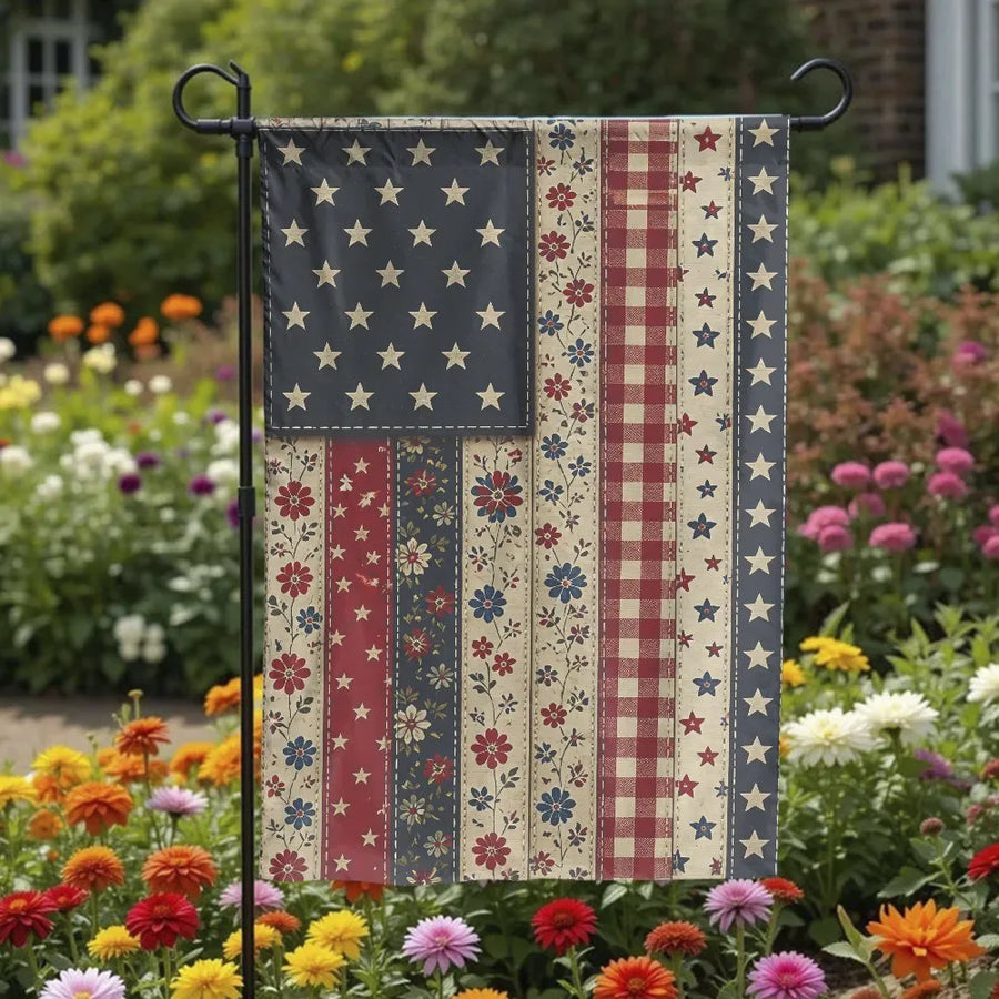 Vintage Americana Garden Flag | Rustic Stars and Stripes Patchwork Style Floral Pattern | Double Sided Premium Polyester | Patriotic Memorial Day Outdoor Yard Decor Gift