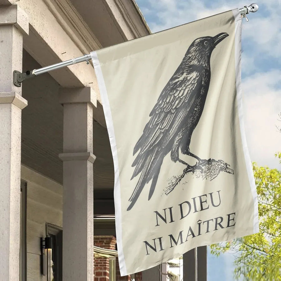 Ni Dieu Ni Maitre Flag | Vintage Raven Anarchist Art Banner | Weather Resistant Polyester | Political Porch & Home Decor Gift