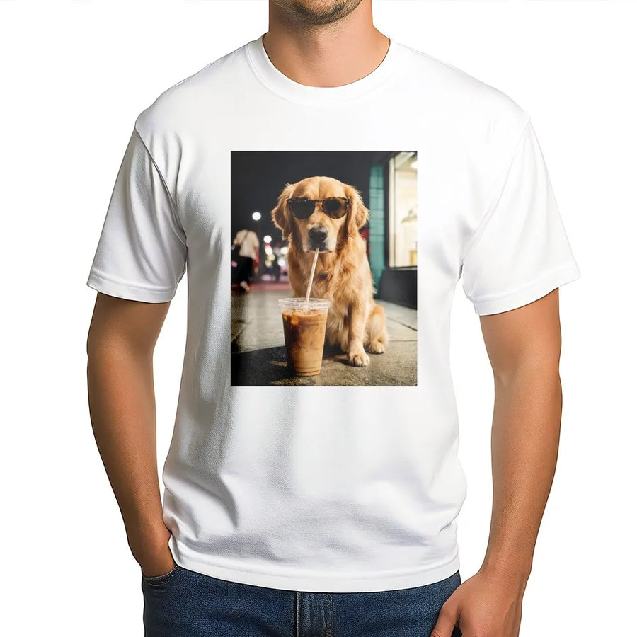 Golden Retriever T-Shirt | Dog with Sunglasses Drinking Iced Coffee | Premium Cotton Tee | Funny Gift for Dog Lovers