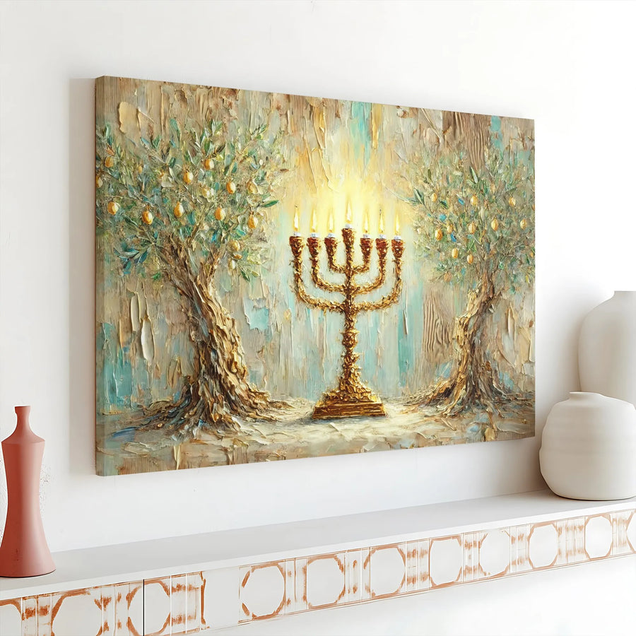Menorah Canvas Wall Art | Golden Olive Trees Impasto Print | Gallery Wrap Premium Decor | Jewish Home Gift for Hanukkah Holiday