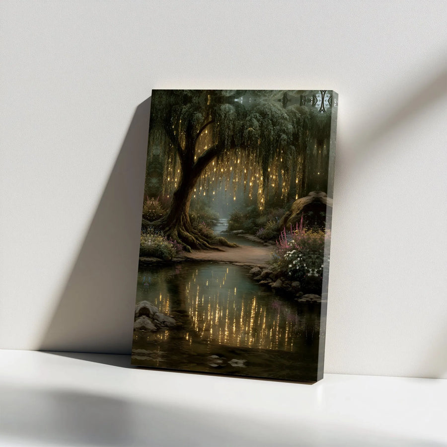 Enchanted Forest Canvas Wall Art | Glowing Weeping Willow & River Print | Premium Gallery Wrapped Canvas | Fantasy Bedroom Decor Gift