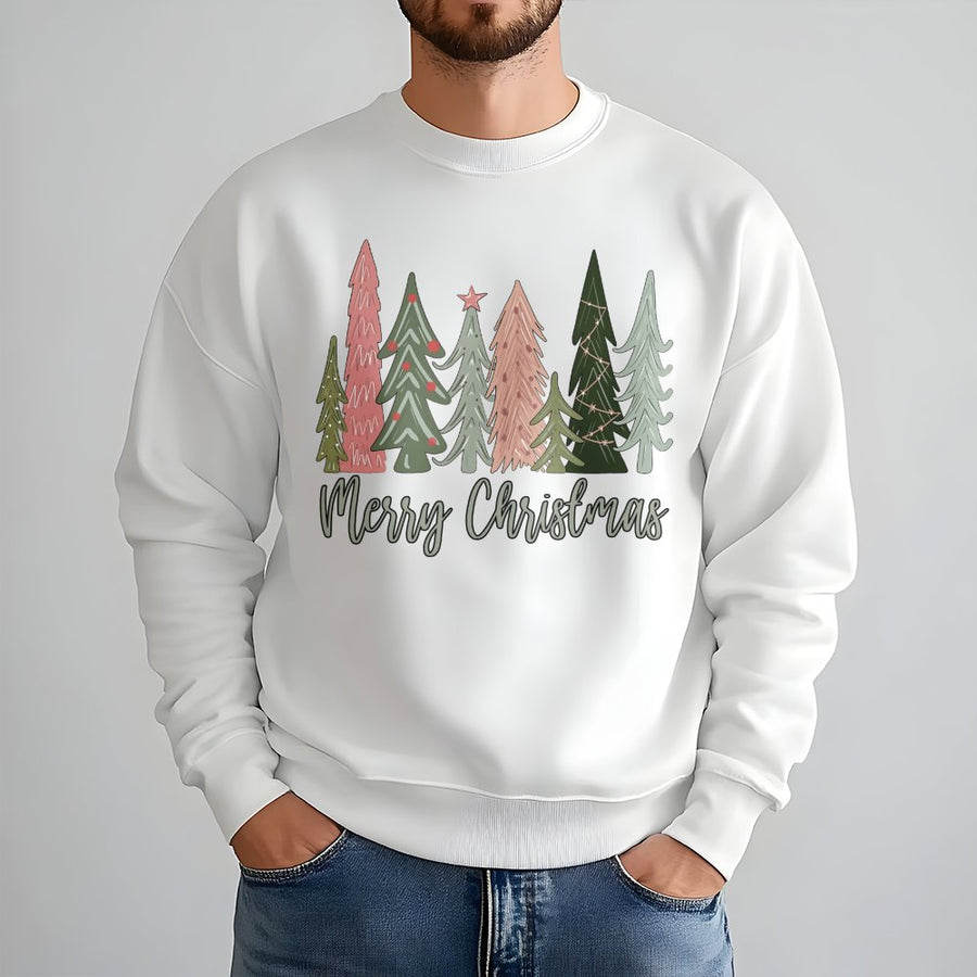 Merry Christmas Tree Sweatshirt | Hand-Drawn Minimalist Forest Graphic | Premium Cotton Blend | Cozy Holiday Apparel Gift for Women & Men