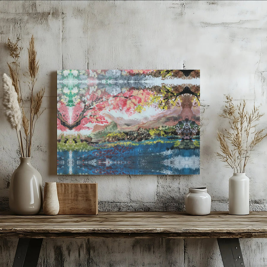 Abstract Landscape Canvas Wall Art | Symmetrical River & Forest Scene | Premium Fade-Resistant Gallery Wrap | Modern Home Office Decor Gift