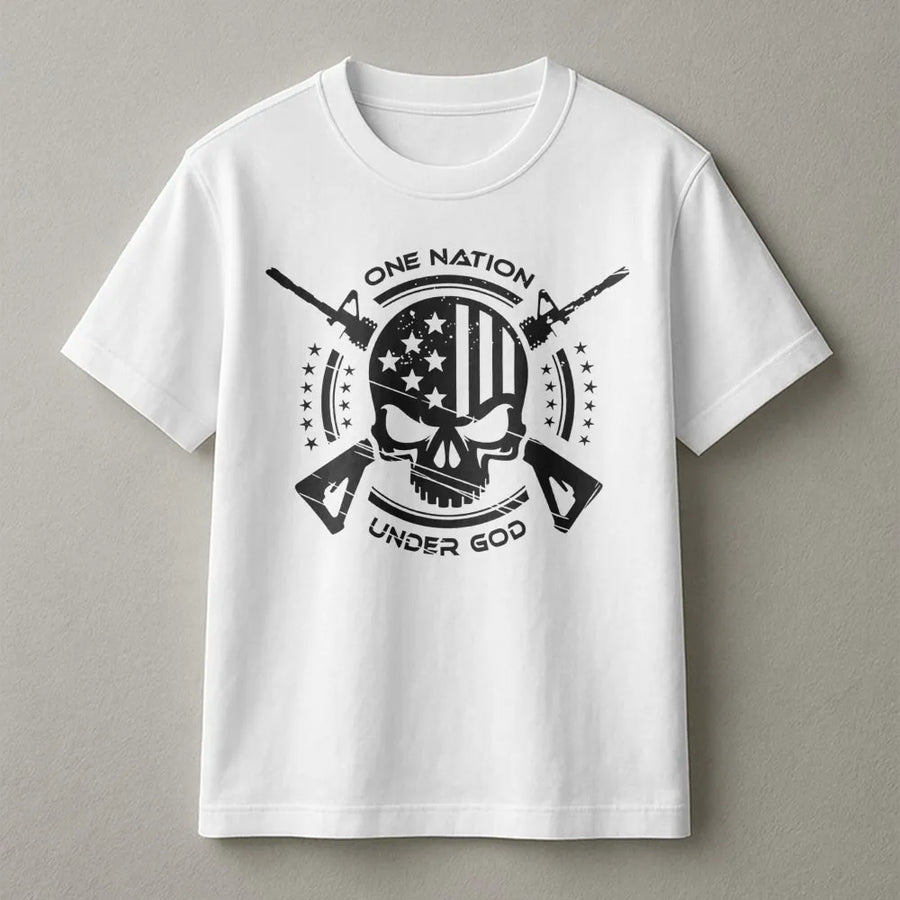 One Nation Under God T-Shirt | Patriotic American Flag Skull Graphic | Premium Soft Ringspun Cotton | Mens Womens Unisex Gift