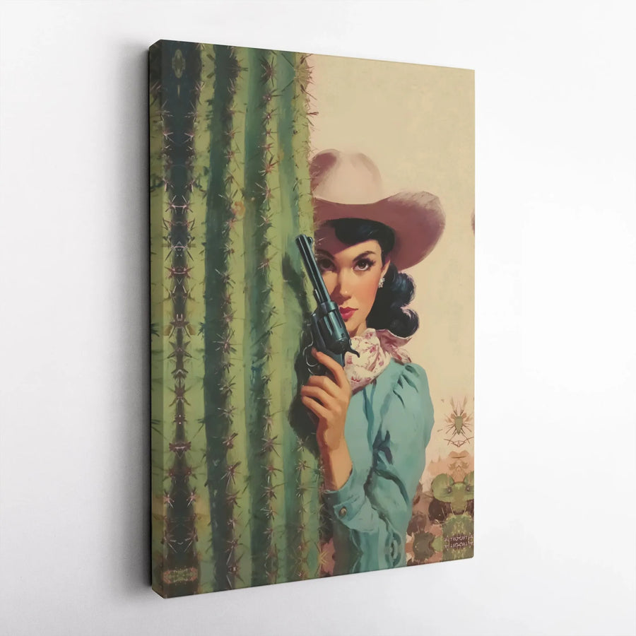 Western Cowgirl Canvas Wall Art | Vintage Pin-Up Desert Revolver Print | Gallery Wrap 1.25" Professional Decor | Rustic Gift for Home or Bar