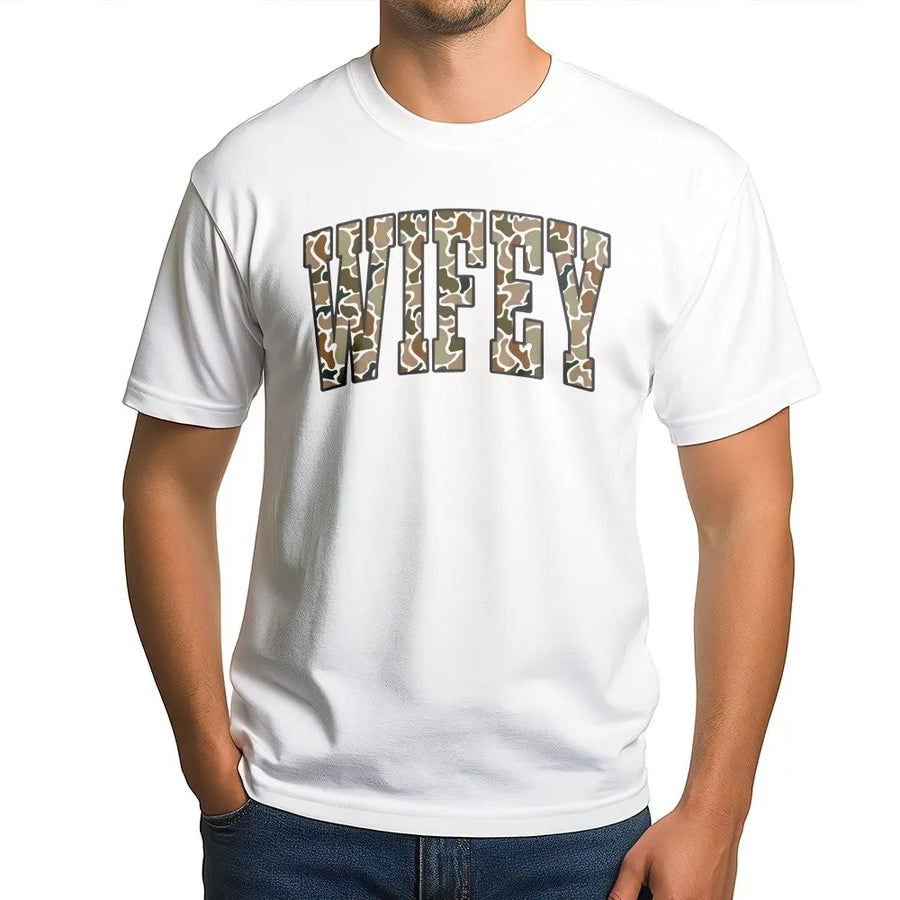 Camo Wifey T-Shirt | Hunting Camouflage Graphic Pullover | Premium Cotton Blend | Anniversary Gift for Wife, Country Girl