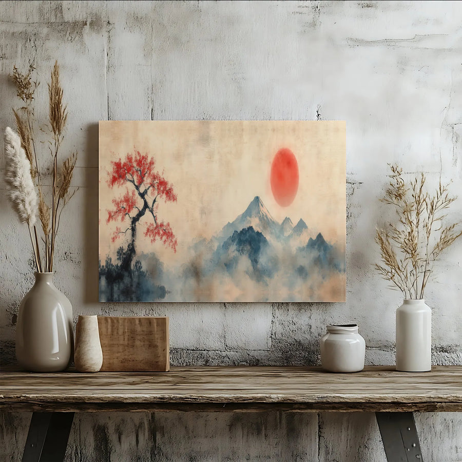 Japanese Mountain Landscape Horizontal Canvas | Vintage Sumi-e Style Red Sun and Tree Print | Premium 1.25” Thick Gallery Wrapped Wall Art | Serene Zen Home Decor Gift for Living Room