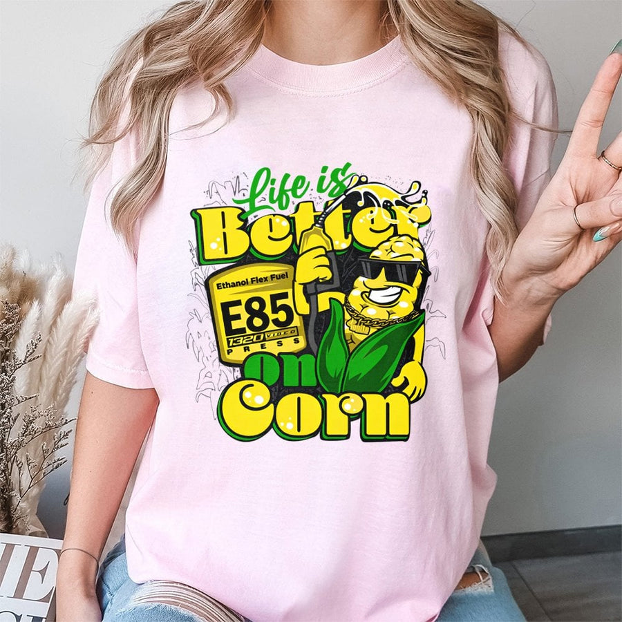 E85 Ethanol Flex Fuel T-Shirt | Funny Life Is Better On Corn Graphic | 100% Cotton Streetwear | Gift For Car Enthusiasts & Drag Racing Fans
