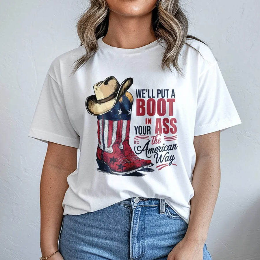 Patriotic Cowboy Boot T-Shirt | American Flag Western Graphic | Premium Cotton Country Pride | July 4th Gift For Men And Women